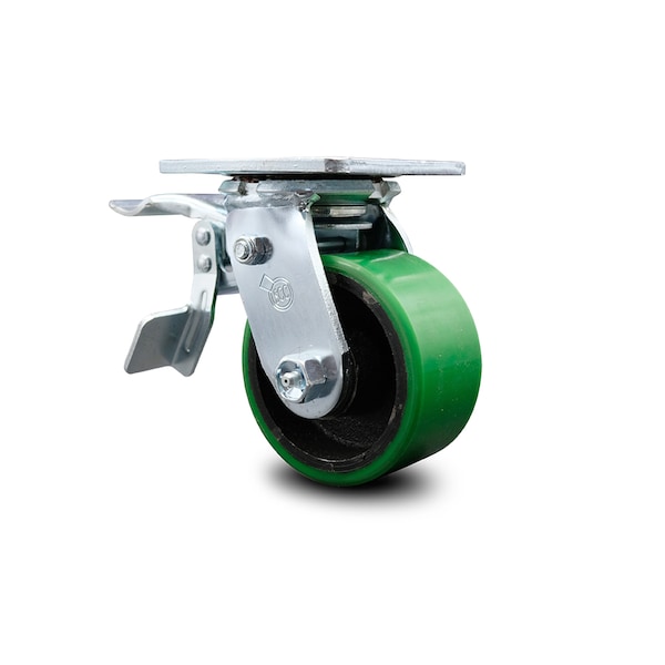 4 Inch Green Poly on Cast Iron Caster with Roller Bearing and Total Lock Brake